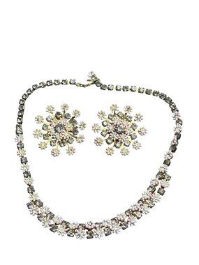 1950s Leru Thermoset Floral Necklace Clip On Earrings Set Pink Clear Rhinestones